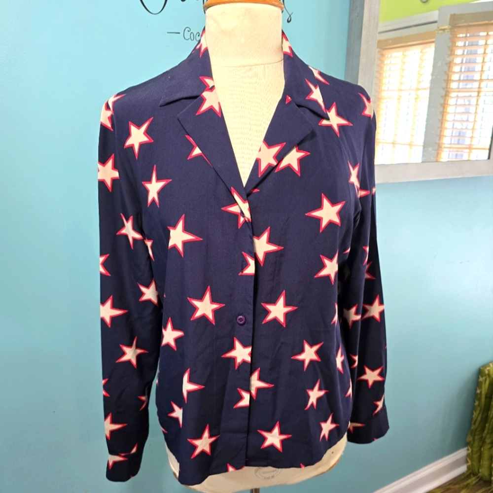 Carlisle Blue Silk Star Print Long Sleeve Blouse